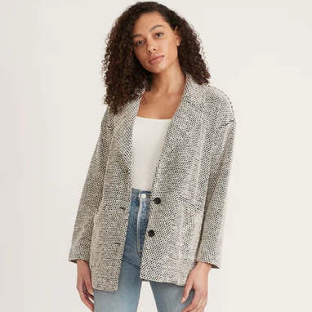 Marine Layer Birdseye Blazer Cardigan Sweater Knit Jacket White Black Medium - Picture 8 of 8